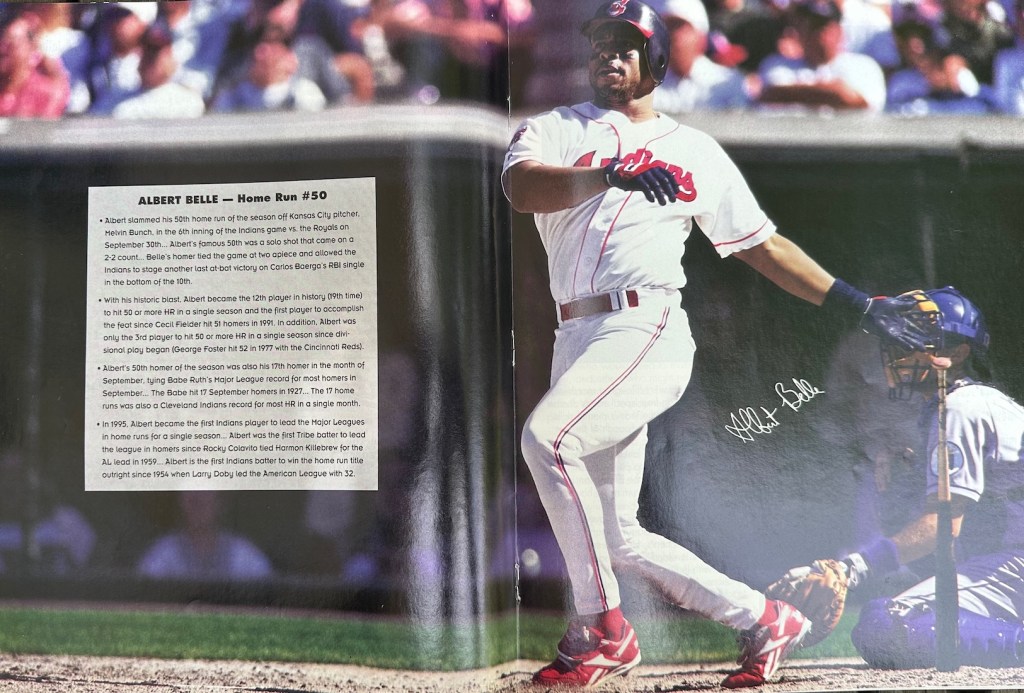 A centerfold 'poster' featuring Albert Belle hitting his 50th home run of 1995 in the 1996 Cleveland Indians Game Face magazine.