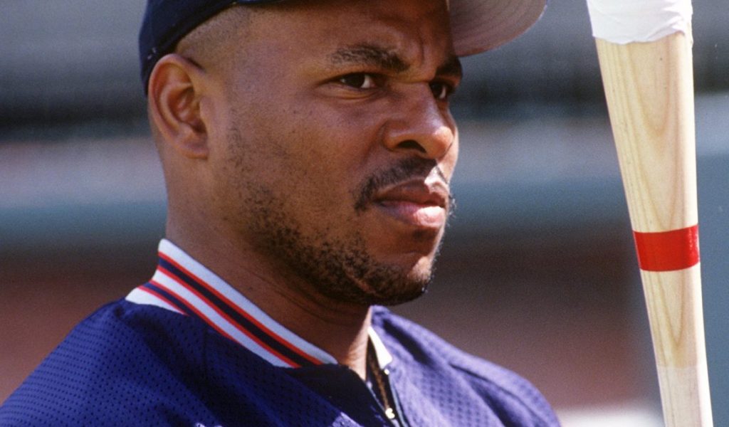 Albert Belle Cleveland Indians, stares menacingly while holding a bat