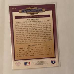 1994 Upper Deck Top Performers Albert Belle baseball card back showing RBI Leader stats